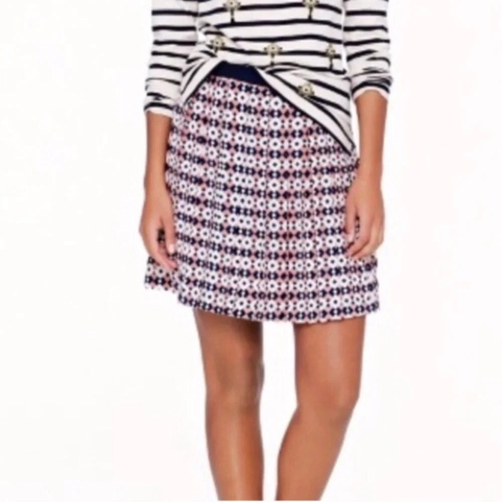 J. Crew silk diamond print navy & pink skate skirt